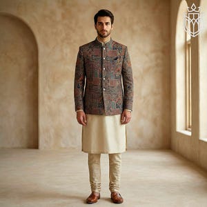 Patchwork Tapestry Prince Coat Men | Pakistani Jodhpuri Bandhgala Jacket | Wedding Groom Outfit | Indo Western Ethnic Wear | Hand Crafted image 3