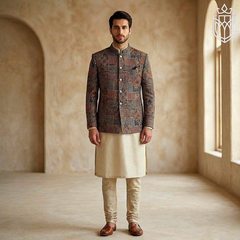 Patchwork Tapestry Prince Coat Men | Pakistani Jodhpuri Bandhgala Jacket | Wedding Groom Outfit | Indo Western Ethnic Wear | Hand Crafted image 3