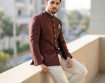 Handcrafted Deep Maroon Textured Prince Coat | Wedding Groom Reception Suit Men | Dark Wine Bandhgala Achkan Formal Coat Custom XS-XXL