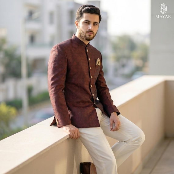 Handcrafted Deep Maroon Textured Prince Coat | Wedding Groom Reception Suit Men | Dark Wine Bandhgala Achkan Formal Coat Custom XS-XXL