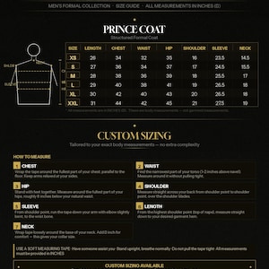 K&ouml;nnte beinhalten: Gr&ouml;&szlig;entabelle f&uuml;r einen Prince Coat von Mayar Global. Enth&auml;lt Ma&szlig;e in Zoll f&uuml;r Brust, Taille, H&uuml;fte, Schulter, &Auml;rmel und Hals. Enth&auml;lt auch Anweisungen zur Messung f&uuml;r individuelle Gr&ouml;&szlig;en.