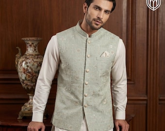 Men’s Embroidered Wedding Waistcoat Nehru Jacket – Groom’s Vest, Indo-Western Formal Wear