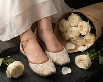 Dripping in Pearls — Luxury Bridal Flat | Handmade All-Over Pearl Wedding Shoe | Full Pearl Khussa Jutti Custom Size
