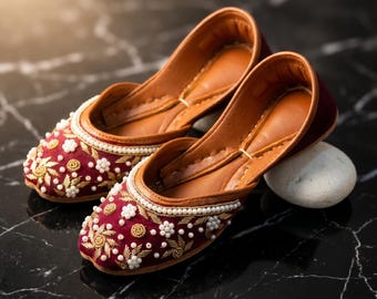 Maroon Velvet Bridal Flats | Handmade Burgundy Khussa Shoes Women | Pearl Gold Beaded Jutti Wedding Flats Mojari