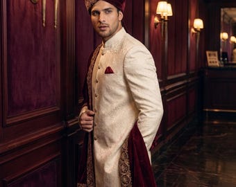 Grooms Long Ivory Karandi Jamawar Sherwani | Handmade Nikah Wedding Reception Coat | Royal Achkan Bandhgala Suit Men Custom XS-XXL