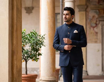 Navy Blue Italian Suiting Jodhpuri Suit | Handmade Groom Wedding Bandhgala Coat Pant Set | 2 Piece Reception Blazer Men Custom XS-XXL