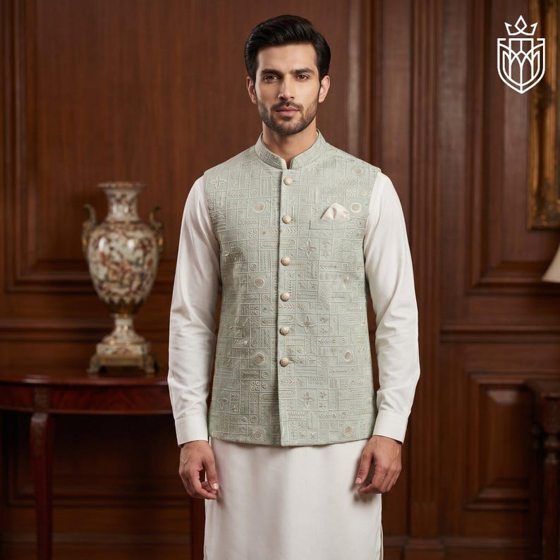 May include: A light green embroidered vest with a mandarin collar and button closure, worn over a white long-sleeved shirt and white pants. The vest features a geometric pattern and a pocket square. The outfit is formal wear.