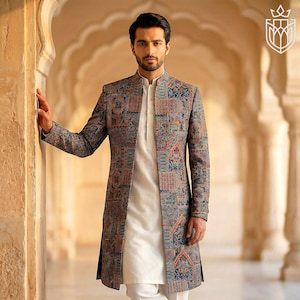 Gobelängtryckt Sherwani för män | Pakistansk brudkappa | Indo-västerländsk Achkan-jacka | Etnisk brudgumskläder | Handgjord specialdesignad