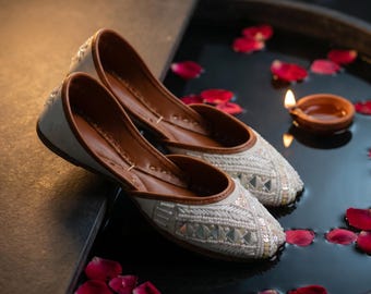 Mirrors & Pearls Shisha Bridal Flat | Handmade White Mirror Beaded Wedding Shoe | Geometric Khussa Jutti Artisan Flats