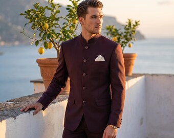 Aubergine Purple Italian Suiting Jodhpuri Suit | Wine Wedding Bandhgala Coat Pant Set Handmade | Reception Groom Blazer Men XS-XXL