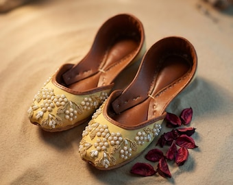 Yellow Pearl Embellished Flats | Handmade Mustard Beaded Wedding Shoes Women | Gold Floral Ballet Flat Artisan Bridal Shoe