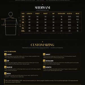 May include: A black Mayar Global size guide chart for a sherwani long wedding coat. The chart displays body measurements in inches for sizes XS to XXL, including length, chest, waist, hip, shoulder, sleeve, and neck. It includes instructions on how to measure.