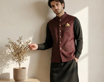 Walima Night Maroon Jamawar Waistcoat | Handmade Nehru Vest Ethnic Groom Formal Jacket | Sleeveless Koti Bandhgala Wedding Wear XS-XXL