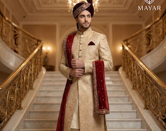 Luxury Men’s Sherwani – Embroidered Wedding Outfit Beige Gold Sherwani, Royal Groom Jacket, Indian Pakistani Hand Crafted Suit