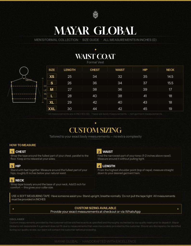 May include: A dark background image with text and a size chart for a formal vest. The chart lists sizes XS to XXL with measurements in inches for length, chest, waist, hip, and neck. Instructions on how to measure are also included.