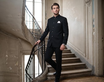 Modern Black Italian Suiting Jodhpuri Suit | Handmade Groom Wedding Bandhgala Coat Pant Set | Reception Formal Blazer Men XS-XXL