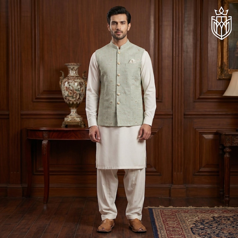 May include: A man wearing a light green vest with a subtle pattern over a white long-sleeved shirt and white pants. The vest has a mandarin collar and button closure. The outfit is paired with brown sandals.