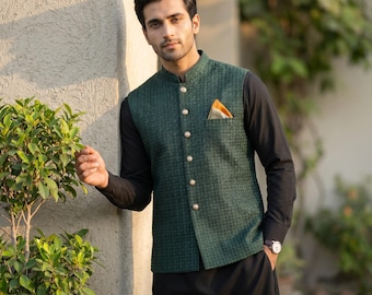 Sangeet Night Emerald Sequin Nehru Jacket Men | Handmade Ethnic Vest Wedding Guest Wear | Bandhgala Koti Waistcoat Custom Fit XS-XXL