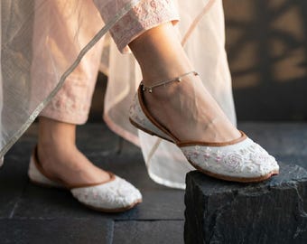 White Floral Embroidered Bridal Flats | Handmade Ivory Wedding Shoes Women | Pearl Beaded Rose Ballet Flat Artisan Bridal