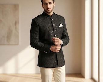 Reception Ready Black Brocade Embroidered Prince Coat | Custom Handmade Groom Wedding Jacket | Bandhgala Formal Suit Men Achkan XS-XXL