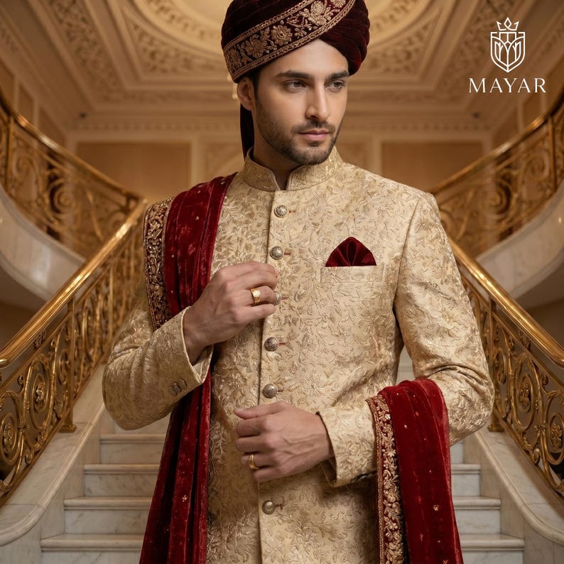 May include: A beige sherwani featuring intricate gold embroidery, a mandarin collar, and metallic buttons. A deep red velvet stole with gold trim is draped over the shoulder. The ensemble includes a matching red velvet turban with gold detailing.