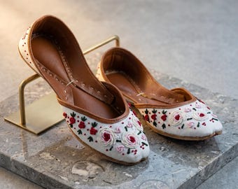 Romantic Rose Embroidered Bridal Flats | Ivory Floral Wedding Shoes Handmade Women | Cottagecore Garden Flat Artisan Shoe