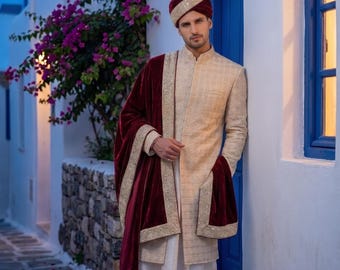 Royal Baraat Beige Ivory Jaal Embroidered Sherwani | Handmade Groom Wedding Nikah Coat | Regal Achkan Bandhgala Suit Men Custom XS-XXL