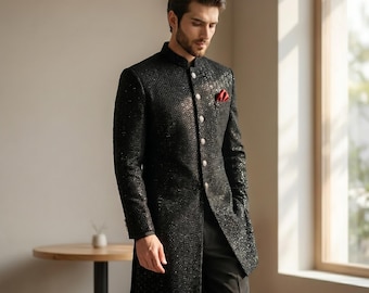 Midnight Black Velvet Honeycomb Sequin Sherwani | Groom Long Wedding Reception Formal Coat | Handmade Achkan Bandhgala Men Custom XS-XXL