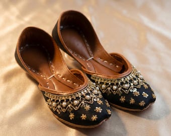 Black Sequin Evening Flats | Handmade Gold Pearl Embellished Shoes Women | Gala Wedding Glam Flat Artisan Bridal Shoe