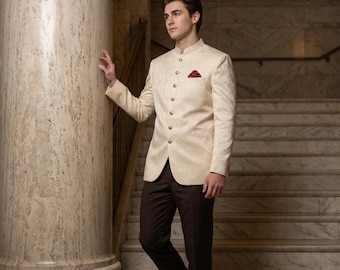 Ivory Karandi Jamawar Prince Coat | Handmade Groom Wedding Reception Blazer | Bandhgala Jodhpuri Jacket Men Custom Formal Suit XS-XXL