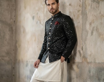Grooms Black Velvet Honeycomb Sequin Prince Coat | Handmade Wedding Reception Formal Jacket | Bandhgala Achkan Indo Western Suit Men XS-XXL