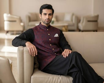 Gilet da uomo in broccato bordeaux, giacca Nehru da matrimonio pakistana/indiana cucita su misura, gilet senza maniche Koti, abbigliamento formale etnico da uomo XS-XXL