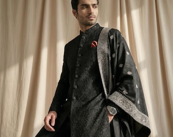 Dramatic All-Black Thread Embroidered Sherwani | Groom Long Reception Formal Coat Handmade | Ethnic Achkan Suit Bandhgala Custom XS-XXL