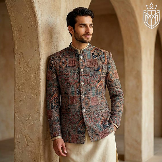 Patchwork Tapestry Prince Coat Men | Pakistani Jodhpuri Bandhgala Jacket | Wedding Groom Outfit | Indo Western Ethnic Wear | Hand Crafted