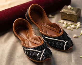 Carved in Black: Geometric Crystal Flat | Handmade Art Deco Evening Shoe Women | Mosaic Khussa Jutti Bridal Dark Flat