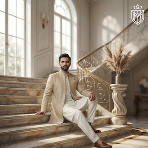 May include: A beige sherwani jacket with intricate tonal embroidery worn over a white kurta and white trousers. The jacket features a high collar, long sleeves, and a pocket square. The ensemble is paired with brown leather loafers.