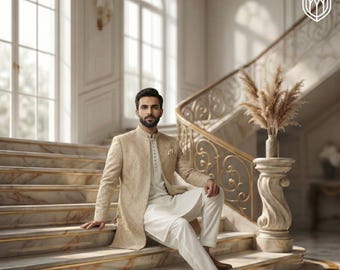 Könnte beinhalten: Eine beige Sherwani-Jacke mit aufwendiger Ton-in-Ton-Stickerei, getragen über einem weißen Kurta und einer weißen Hose. Die Jacke hat einen Stehkragen, lange Ärmel und ein Einstecktuch. Das Ensemble wird mit braunen Leder-Loafern kombiniert.