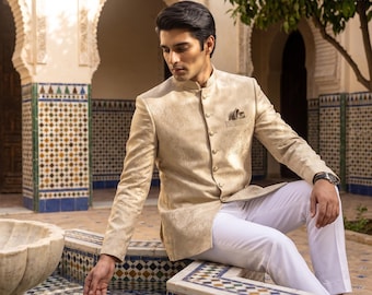 Reception Ready Gold Jamawar Prince Coat | Handmade Groom Wedding Blazer | Bandhgala Jodhpuri Suit Jacket Men Formal Custom XS-XXL