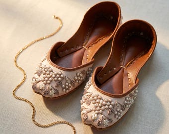 Champagne Pearl Bridal Flats | Handmade Beaded Wedding Shoes Women | Nude Ivory Embellished Ballet Flat Artisan Bridal Shoe