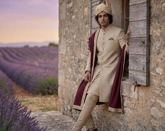 Golden-Olive Jamawar Sherwani | Handmade Groom Long Wedding Nikah Coat | Royal Achkan Bandhgala Reception Suit Men Custom XS-XXL