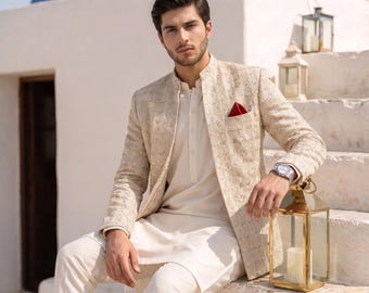 Champagne Beige Tonal Jacquard Prince Coat | Handmade Groom Wedding Reception Blazer | Bandhgala Jodhpuri Jacket Men Custom XS-XXL
