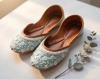 Mint Pearl Embellished Bridal Flats | Handmade Teal Khussa Shoes Women | Sage Beaded Jutti Something Blue Wedding Mojari