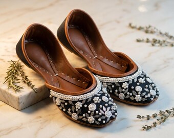 Midnight Blooms on Black Bridal Flat | Handmade Pearl Floral Shoe Women | Dark Khussa Jutti Wedding Evening Custom