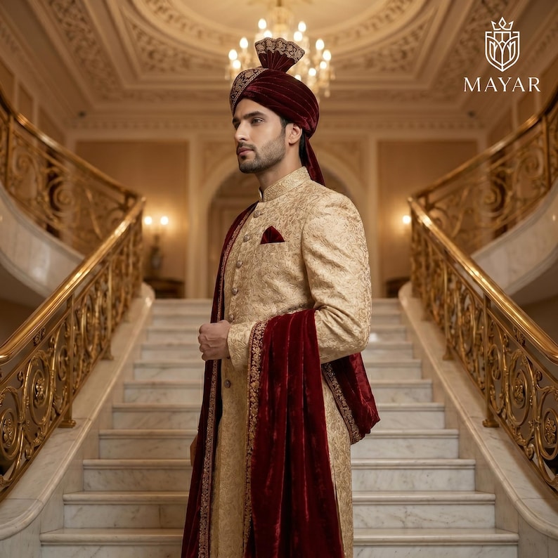 May include: A beige sherwani featuring intricate gold embroidery, paired with a deep maroon velvet turban and a matching maroon velvet shawl draped over the shoulder. The garment includes a pocket square and buttons, with the Mayar logo visible.