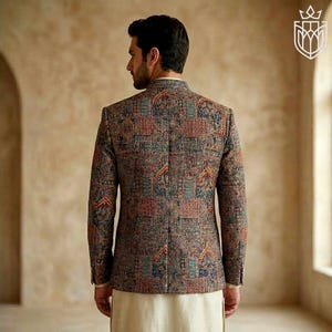 Patchwork Tapestry Prince Coat Men | Pakistani Jodhpuri Bandhgala Jacket | Wedding Groom Outfit | Indo Western Ethnic Wear | Hand Crafted image 6