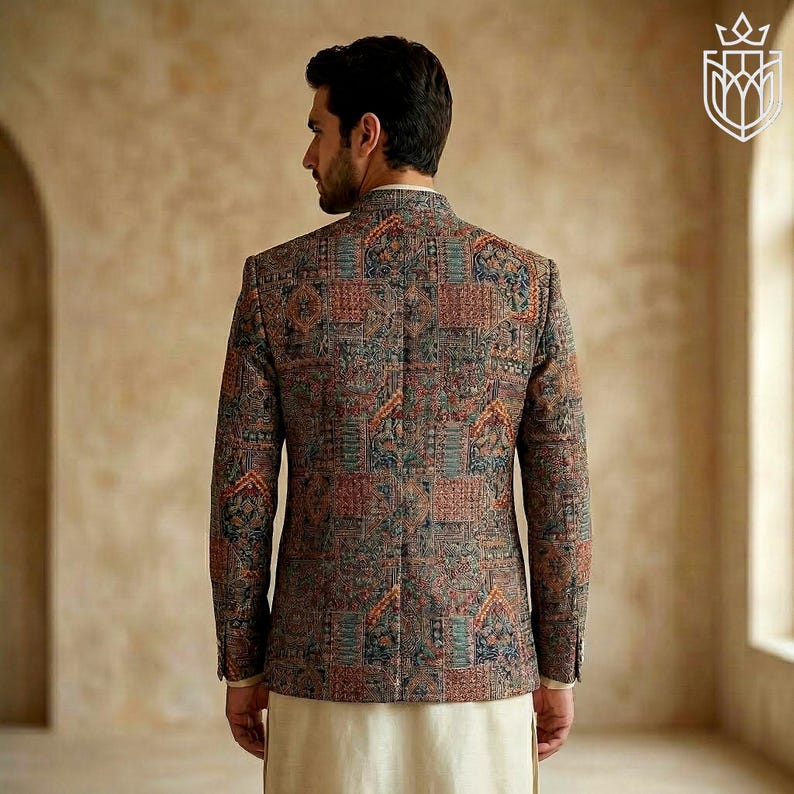Patchwork Tapestry Prince Coat Men | Pakistani Jodhpuri Bandhgala Jacket | Wedding Groom Outfit | Indo Western Ethnic Wear | Hand Crafted image 6