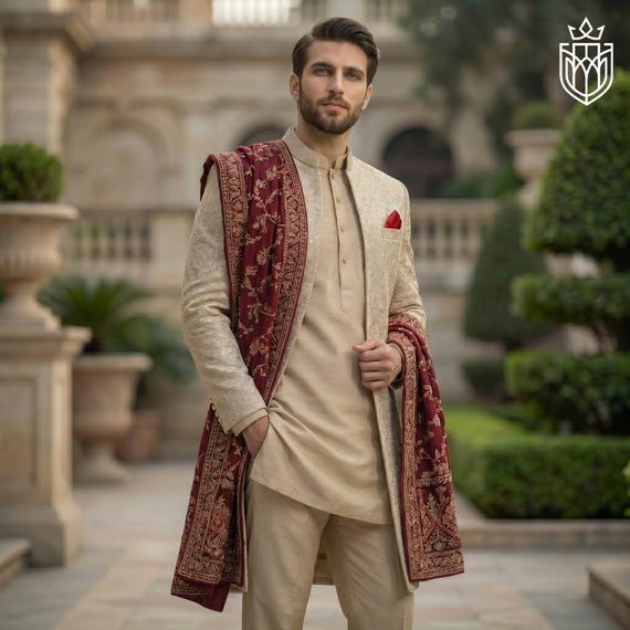 classic indian wedding dress for men Sherwani Outfit Buy Men's Beige Gold Sherwani Wedding Outfit, Embroidered Groom Sherwani, Pakistani Indian Wedding Men, Luxury Traditional Groom Wear Online In India Dress code