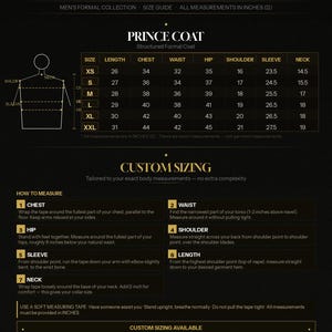 May include: A black and gold size guide chart for a Prince Coat by Mayar Global. It includes a table with measurements in inches for sizes XS to XXL, a diagram of a coat, and instructions on how to measure the chest, waist, hip, shoulder, sleeve, and neck.