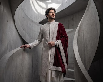 Nikah Ready Ivory Silver Sequin Long Sherwani | Handmade Groom Wedding Reception Coat | Regal Diamond Achkan Bandhgala Men XS-XXL