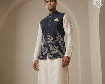Men’s Navy Blue Embroidered Kurta Waistcoat Suit – Indo-Western Nehru Jacket for Wedding | Hand Crafted | Sleeveless Indian Wedding Dress